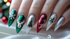 Glossy red and gold stiletto nails with glitter and snowflake designs.