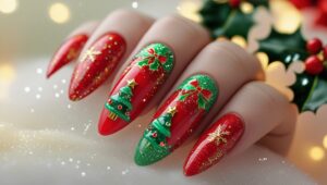 Christmas Nail Designs featuring festive red, green, and gold manicures with holiday-themed patterns like snowflakes, candy canes, and Christmas nail designs. 