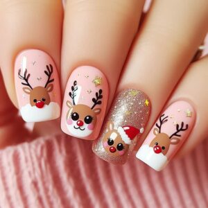 "Adorable Christmas nail designs art with reindeer faces, pink background, gold glitter accent nail, and festive stars." 
