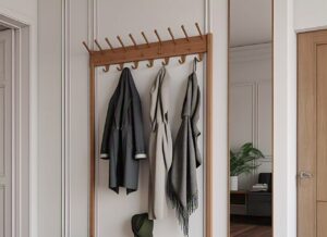 A sleek, black freestanding coat racks with multiple hooks holding jackets, hats, and scarves, placed in an entryway.