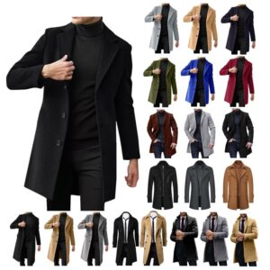 A classic black pea coat with a double-breasted front and wide notched collar, laid flat on a white background.