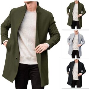 A man models a wool overcoat available in olive green, light gray, and black, worn over a light sweater and black pants.