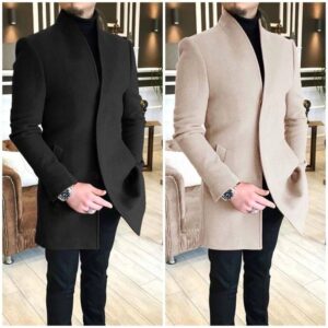 A man models a wool overcoat available in olive green, light gray, and black, worn over a light sweater and black pants.