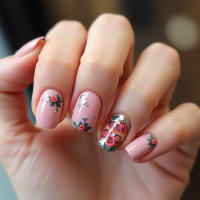 Hand with pink gel manicure featuring 3D floral designs and rhinestone accents on Cute Nail Designs.