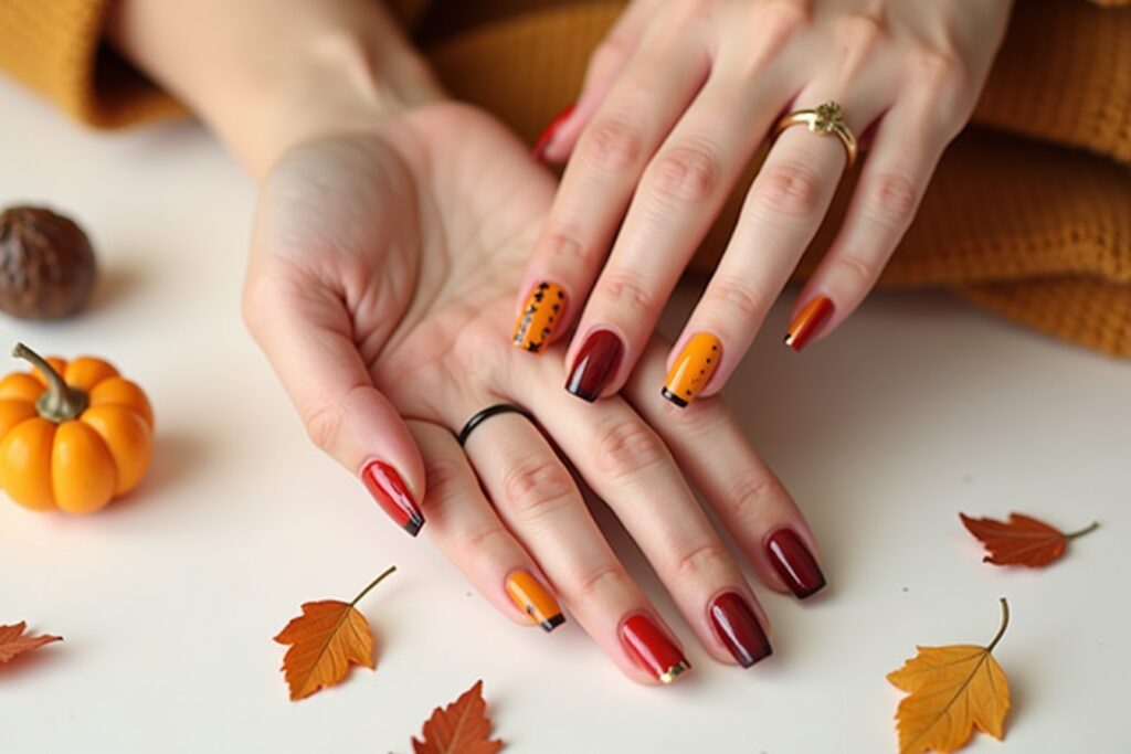 Stylish fall nail designs featuring warm autumn colors like burgundy, brown, mustard yellow, and olive green with seasonal patterns.