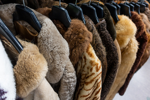 Fur coat stored on a wide-shoulder hanger in a breathable garment bag.