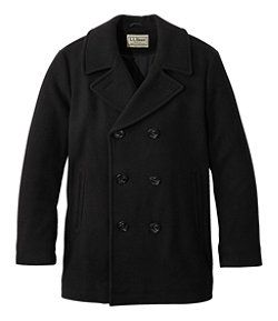 A classic black pea coat with a double-breasted front and wide notched collar, laid flat on a white background