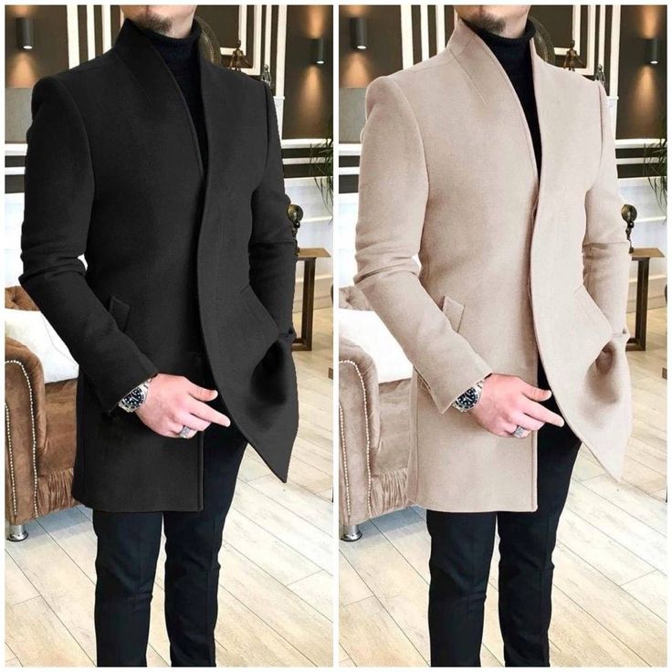 A man models a wool overcoat available in olive green, light gray, and black, worn over a light sweater and black pants.